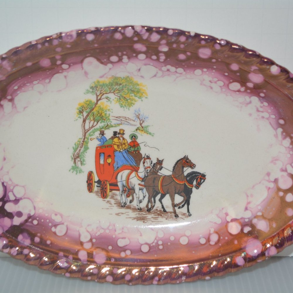 Gray's Pottery Lusterware Plate Dish Oval Stoke On Trent England Horse Carriage